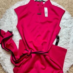 New York & Co Women's Sheath Dress Size M Hot Pink Belted Cap Sleeves Below Knee